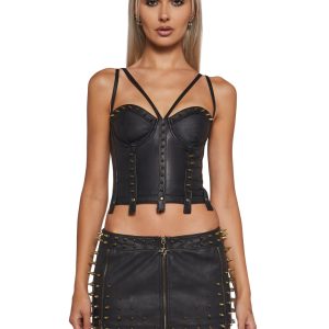Womens Vegan Leather Studded Corset Top Darker Wavs - Black