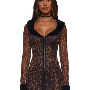 Leopard Mesh Poly Mini Dress With Sleeves And Marabou Trim Current Mood - Black