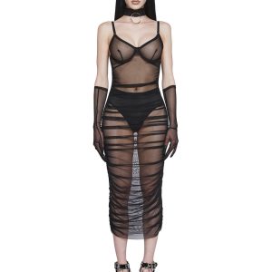 Womens Sexy Sheer Mesh Ruched Dress With Gloves Generation Kiss - Black
