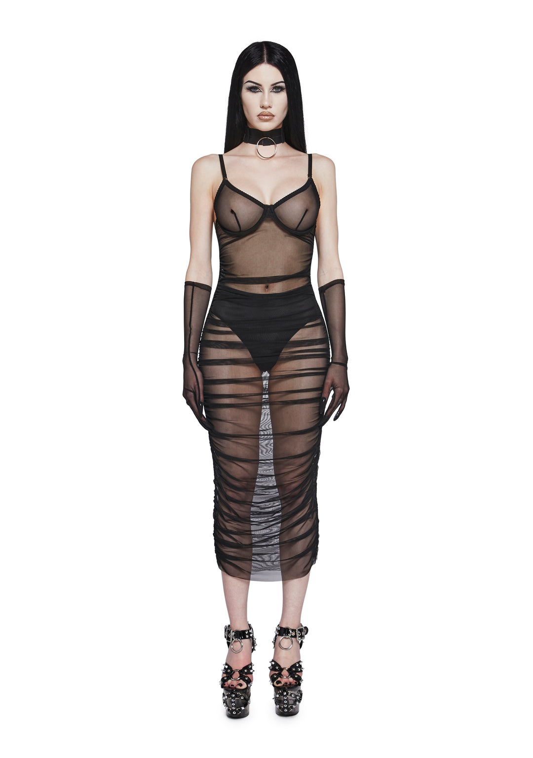 Womens Sexy Sheer Mesh Ruched Dress With Gloves Generation Kiss - Black