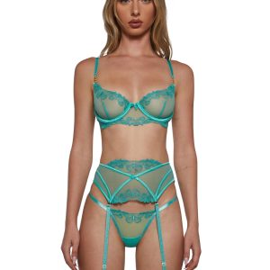 Womens Butterfly Embroidered Lingerie Bra Panty Garter Belt Set - Green