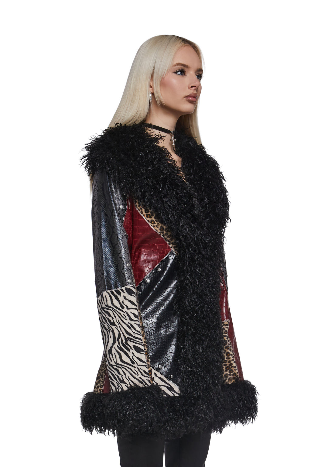 Womens Patchwork coat With Faux Fur Trim - Multi - Image 3