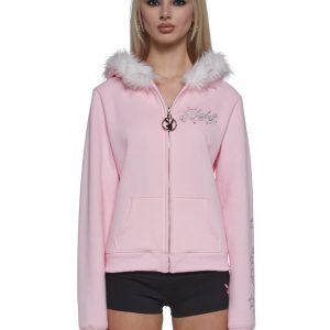 Playboy by Dolls Kill Faux Fur Trimmed Hoodie - Pink