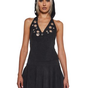 Womens Eyelet Grommet Hooded Mini Dress Club Exx - Black
