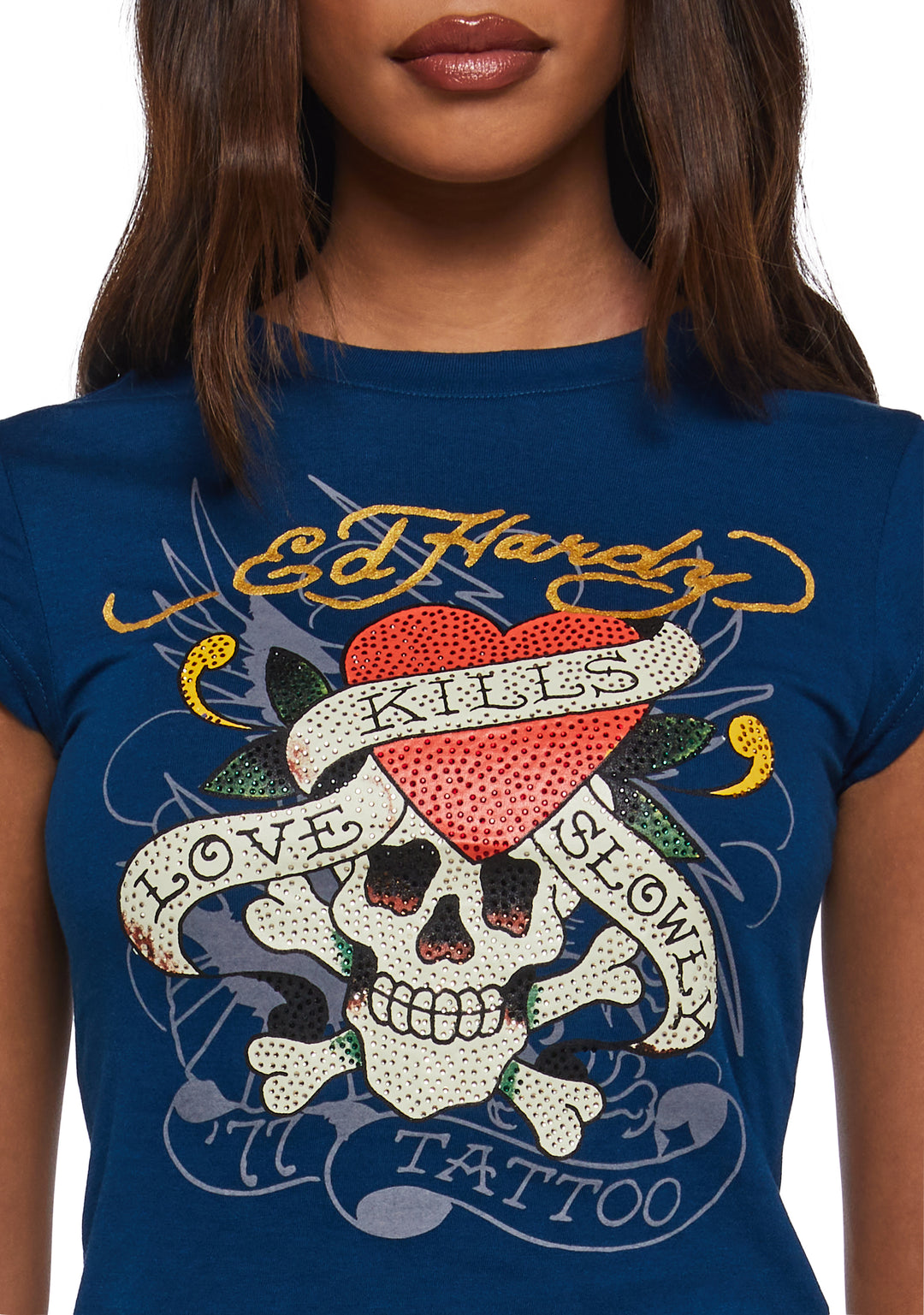 Ed Hardy LKS Skull Rhinestone Cap Sleeve Tee - Blue - Image 6