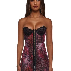 Leopard Print Mesh Lace Bustier Slip Dress Current Mood - Pink