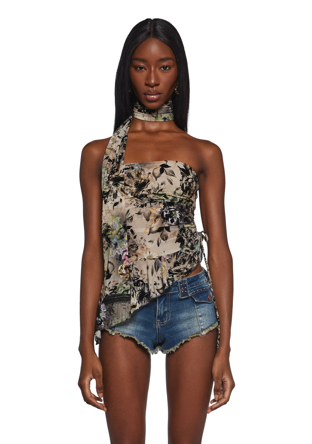 Womens Floral Print Tube Top And Scarf Set Current Mood - Multi