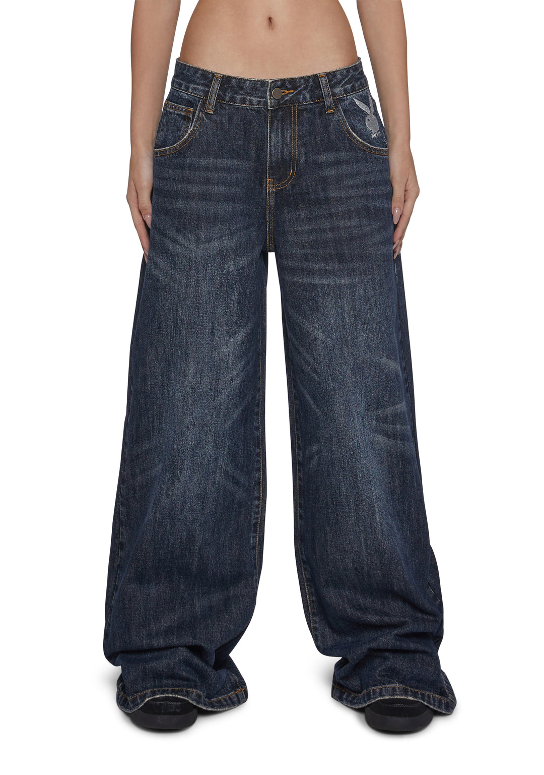 Playboy by Dolls Kill Wide Leg Embroidered Jeans - Blue - Image 6