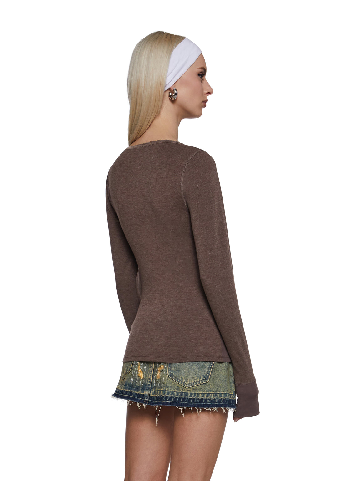 Long Sleeve Ribbed Henley Top - Gray - Image 3