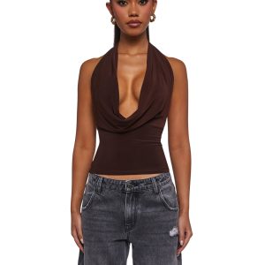 Womens Cowl Neck Top - Brown