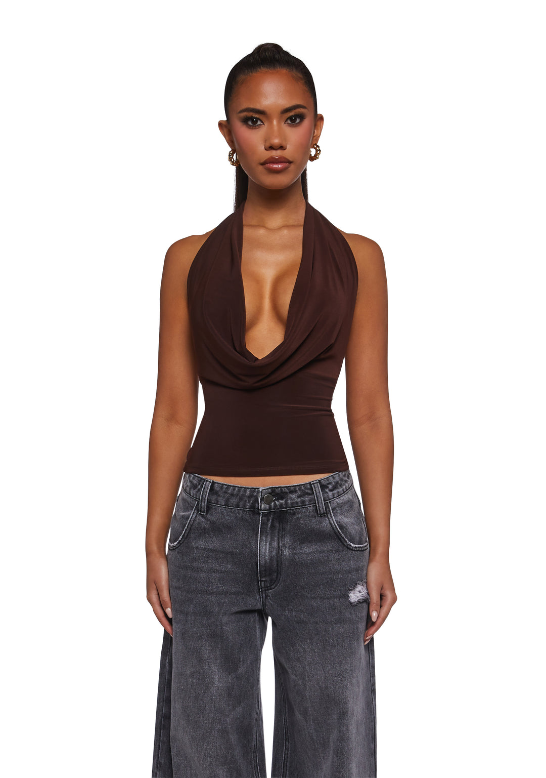 Womens Cowl Neck Top - Brown