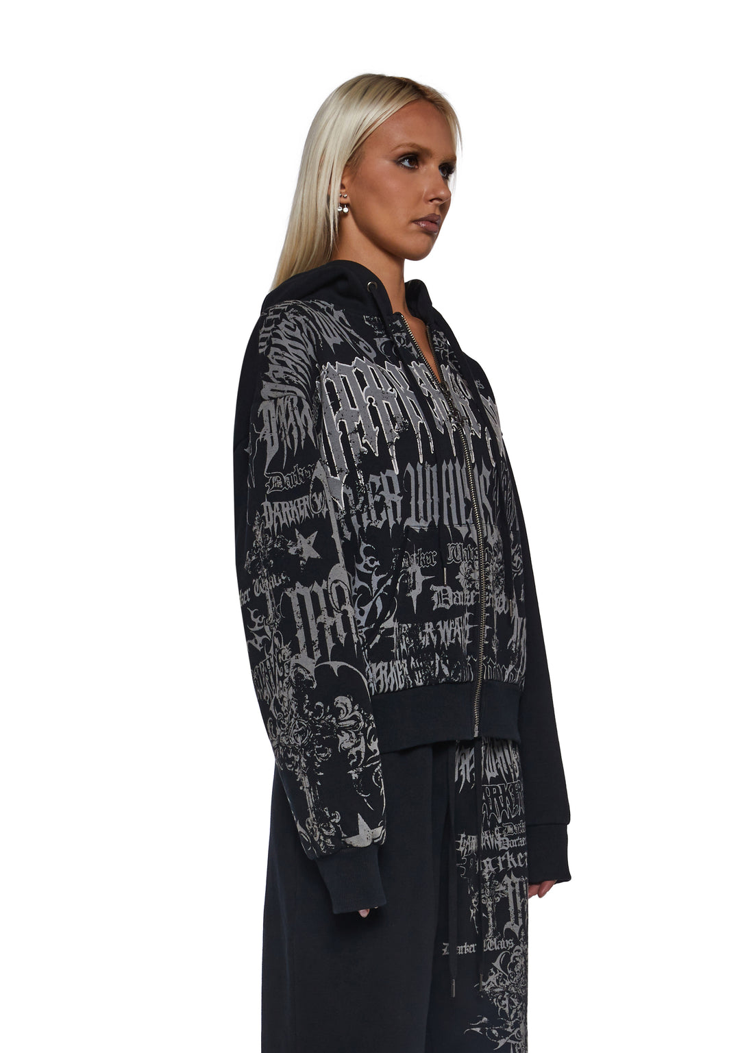 Washed Hoodie With Graphics Darker Wavs - Black - Image 3