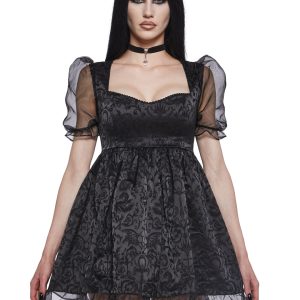 Widow Brocade Puff Sleeve Babydoll Dress - Black