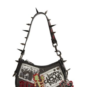 Dolls Kill x Insane Clown Posse Spiked Baguette Shoulder Bag WIth Patches - Black