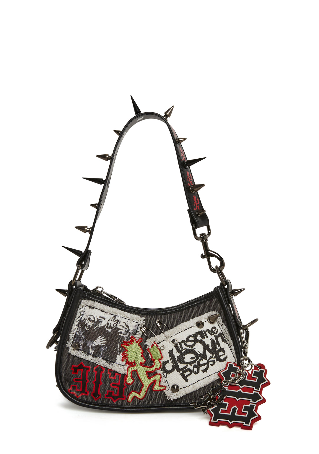 Dolls Kill x Insane Clown Posse Spiked Baguette Shoulder Bag WIth Patches - Black