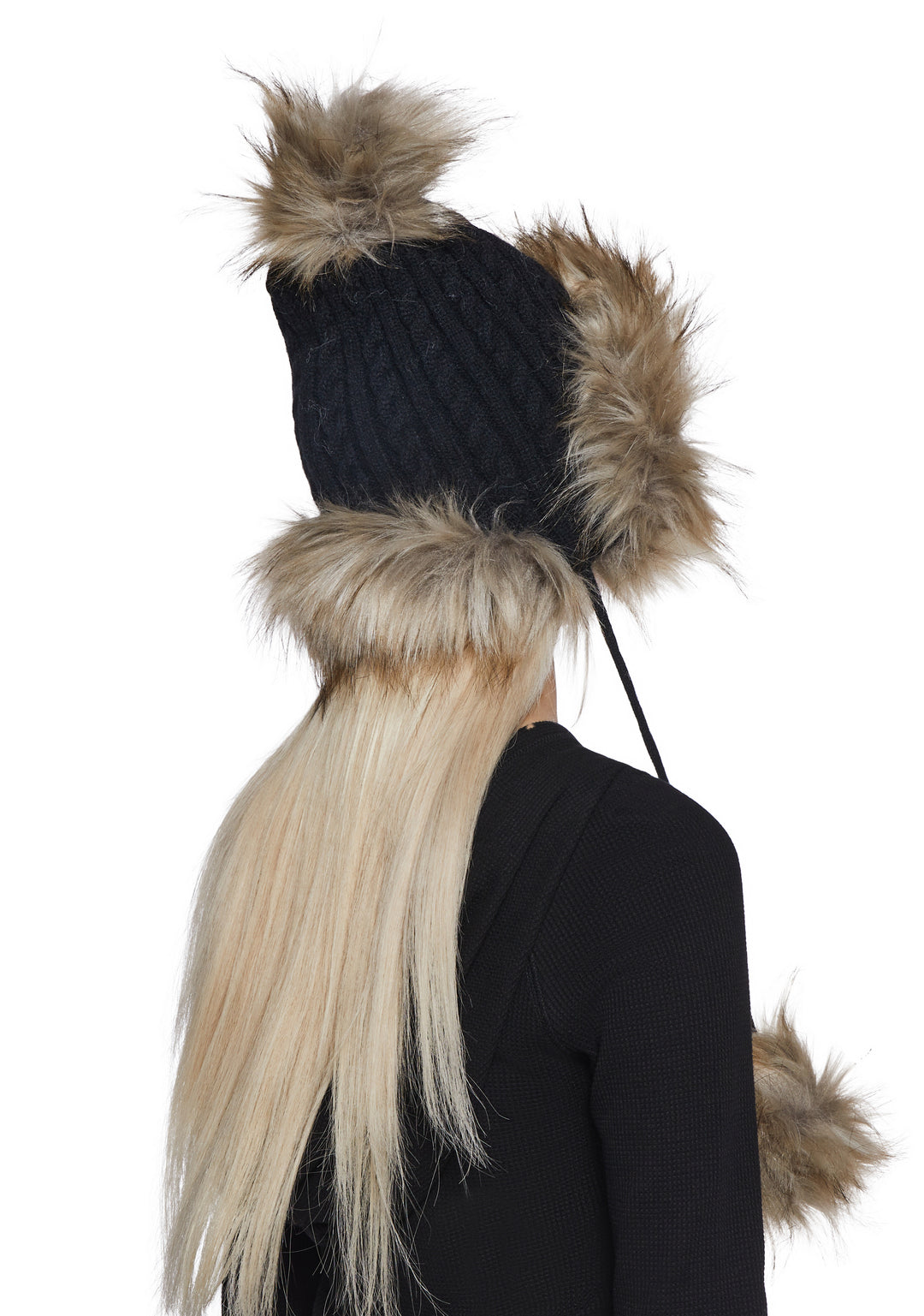 Faux Fur Knit Hat With Pom Poms - Black - Image 3