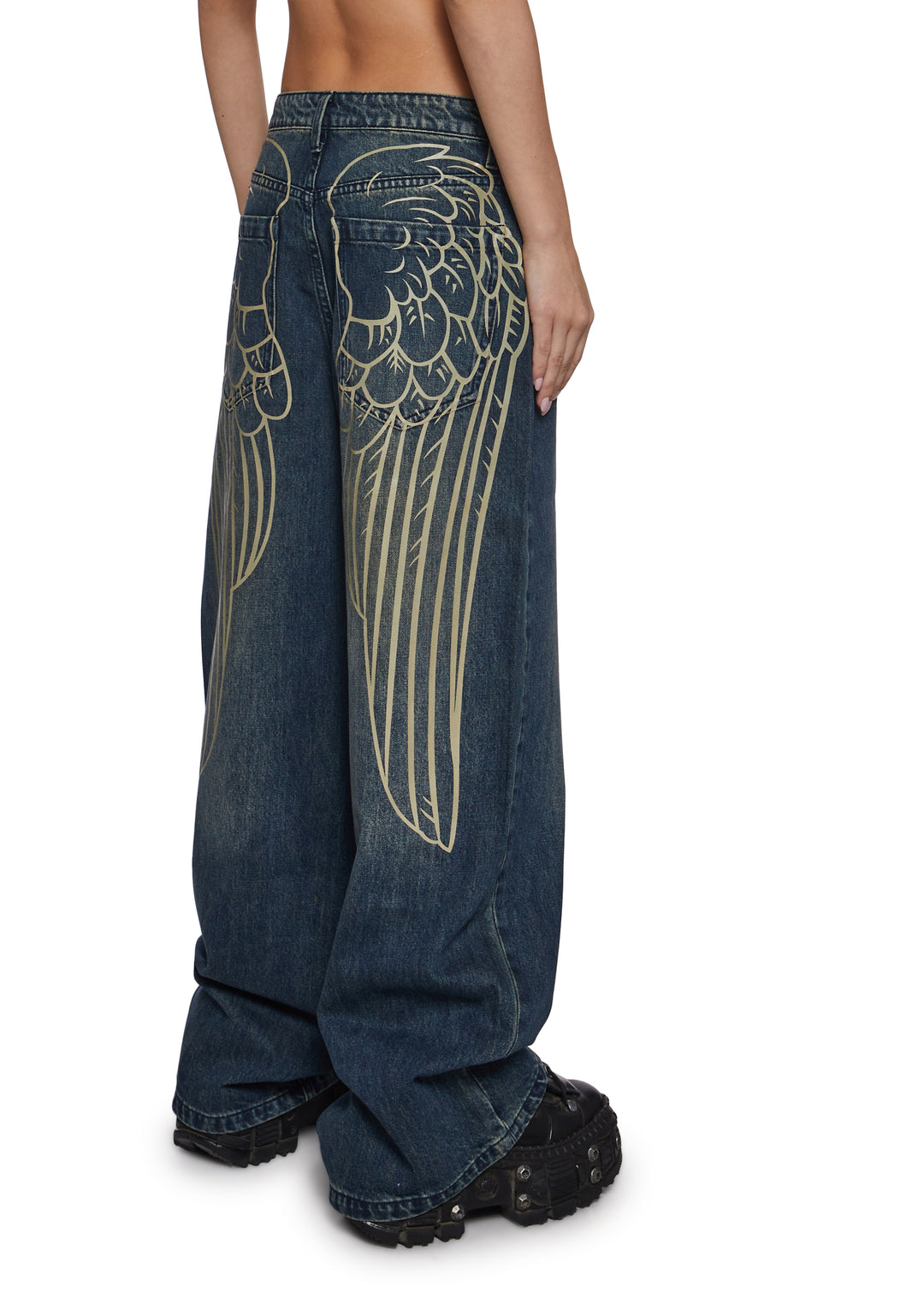 Womens Angel Wing Graphic Print Jeans Current Mood - Blue - Image 4