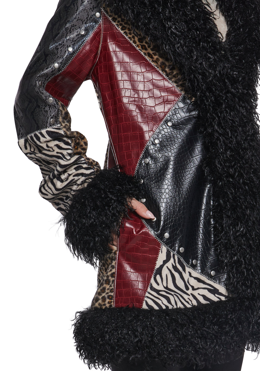 Womens Patchwork coat With Faux Fur Trim - Multi - Image 5