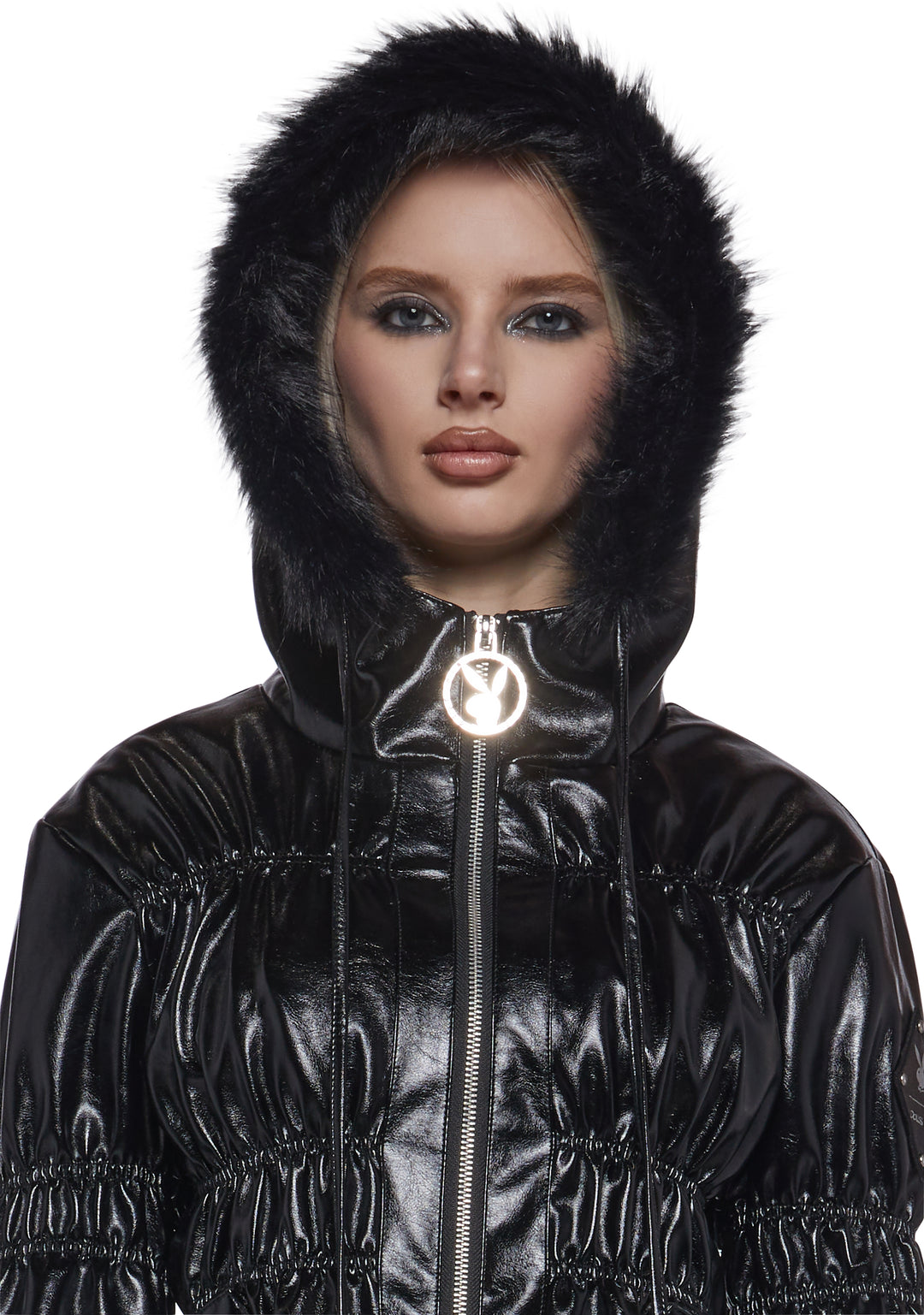 Playboy by Dolls Kill VInyl Puffer Jacket With Faux Fur Trim - Black - Image 8
