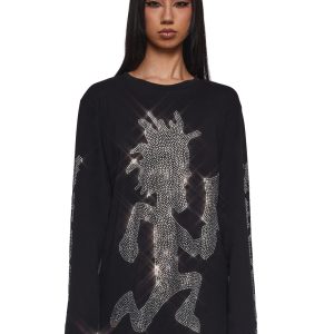 Dolls Kill x Insane Clown Posse Hatchet Man Long Sleeve Rhinestone Tee - Black