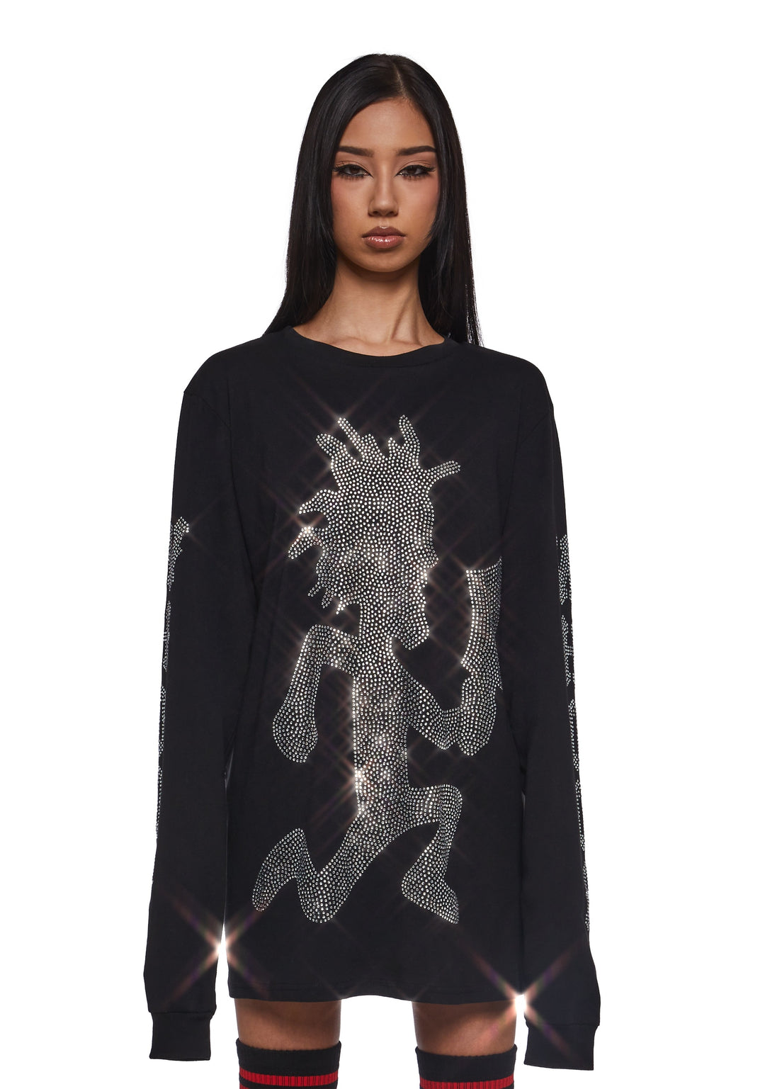 Dolls Kill x Insane Clown Posse Hatchet Man Long Sleeve Rhinestone Tee - Black