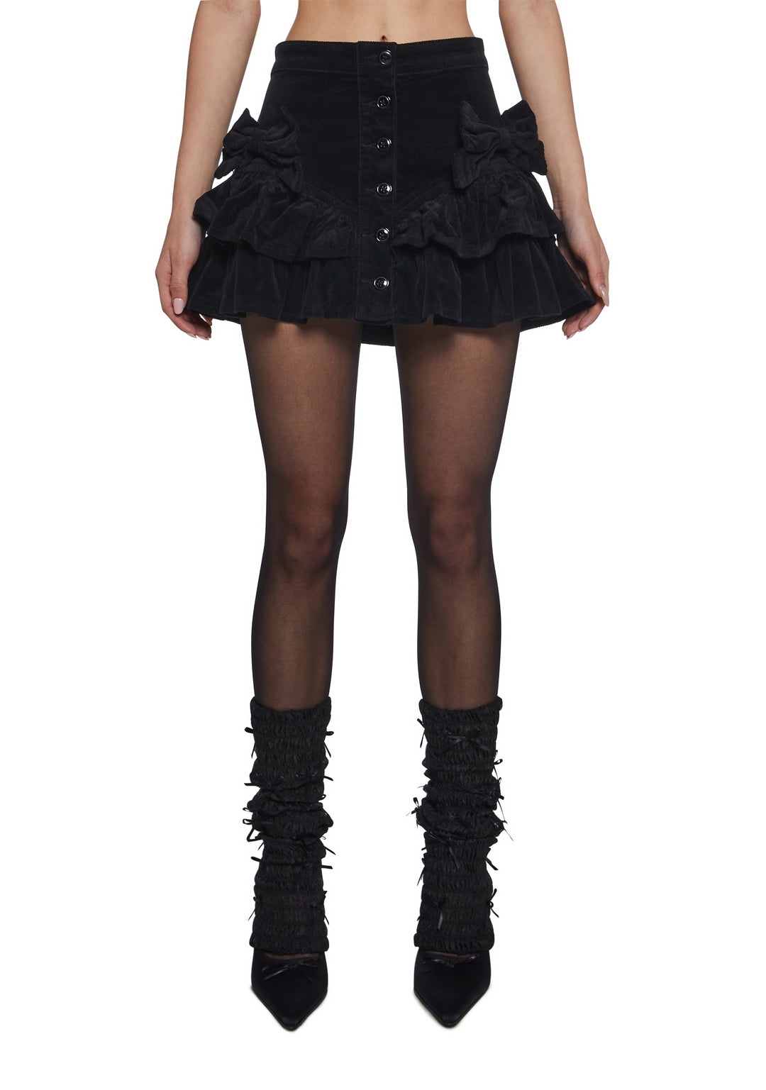 Corduroy Ruffled Bow Mini Skirt Sugar Thrillz - Black
