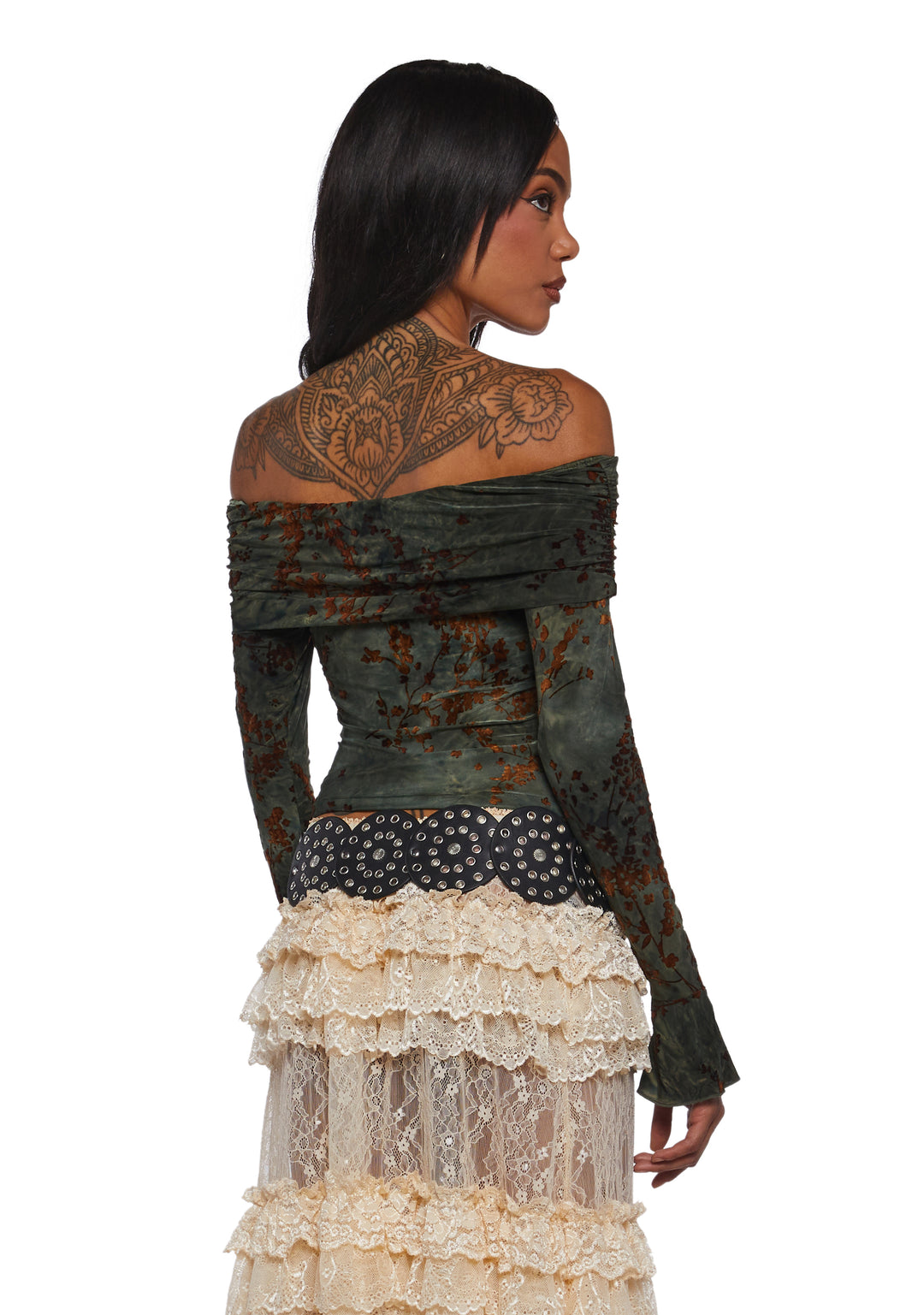 Womens Velvet Floral Filigree Off The Shoulder Top Current Mood - Green - Image 4
