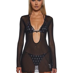 Playboy by Dolls Kill Sheer Mesh Cover Up Swim - Black