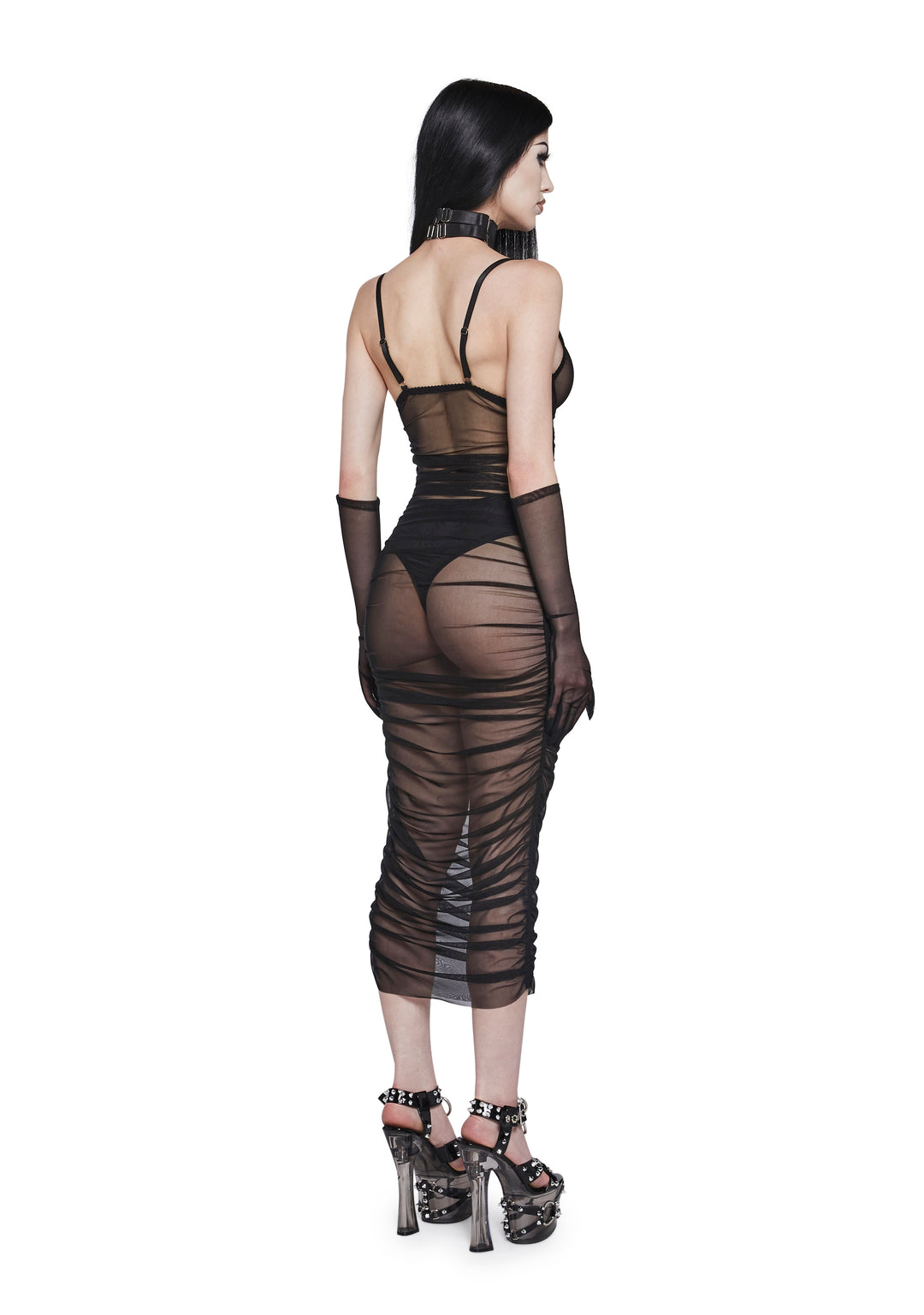 Womens Sexy Sheer Mesh Ruched Dress With Gloves Generation Kiss - Black - Image 4