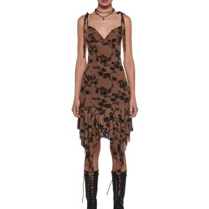 Womens Sexy Flocked Floral Mesh Midi Dress - Black