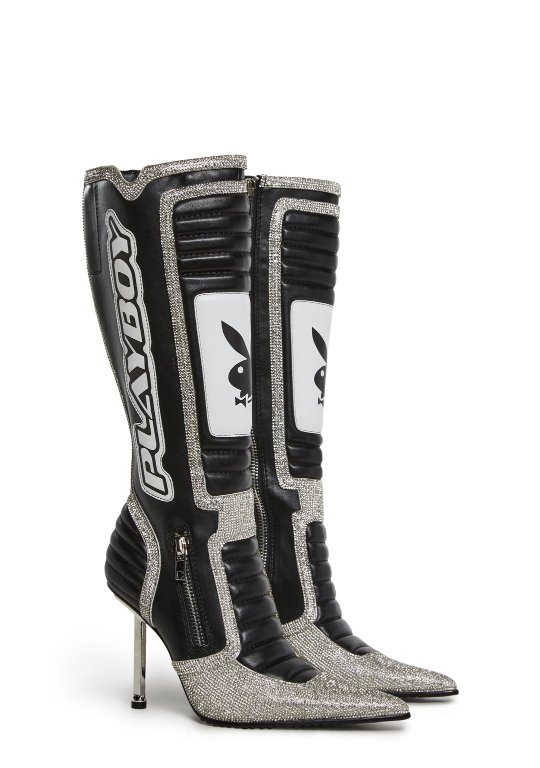 Dolls Kill x Playboy Playmate Vegan Leather Padded Moto Stiletto Boots - Black/White - Image 3