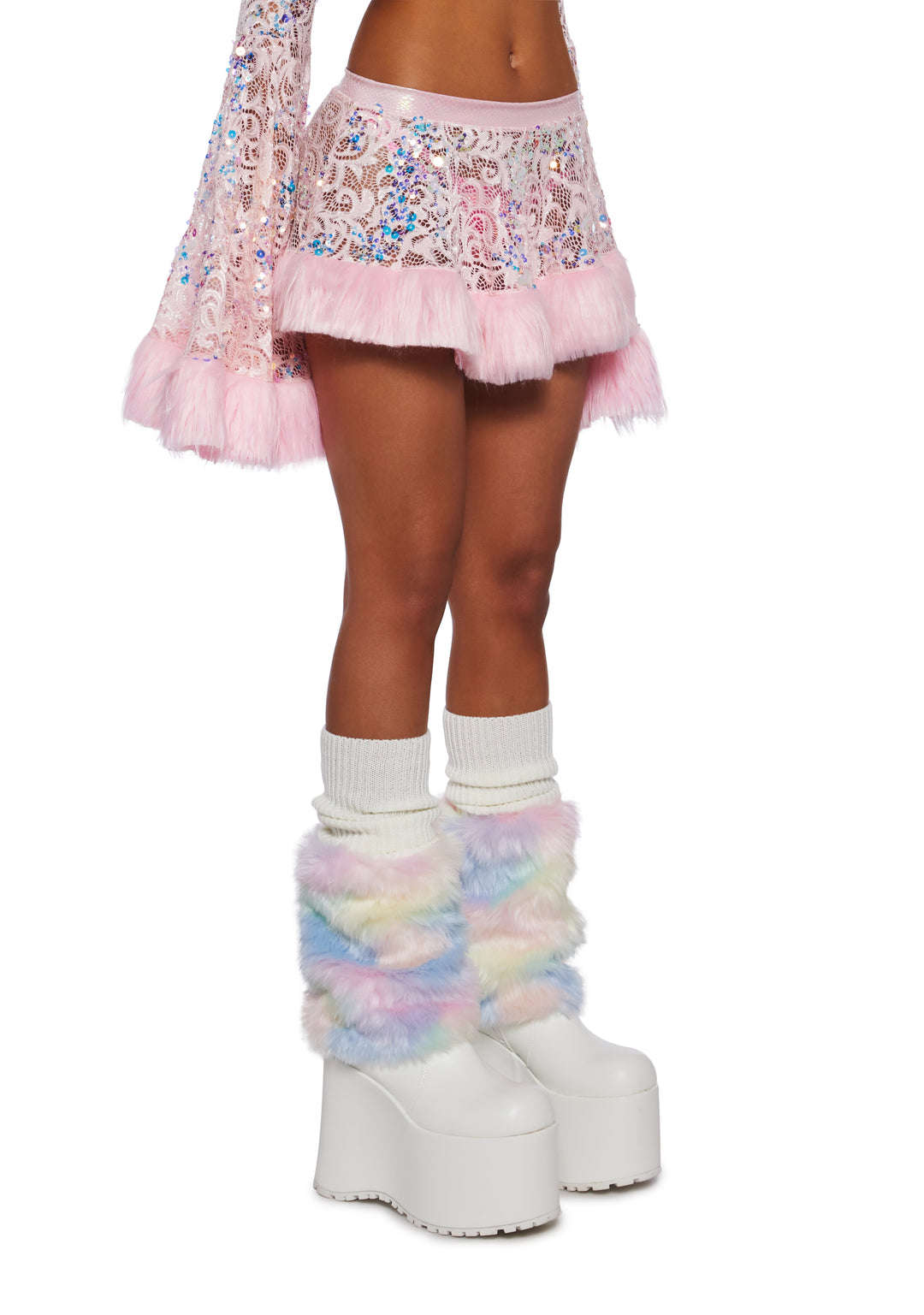 J Valentine Sequin Faux Fur Trimmed Skirt - Pink - Image 3