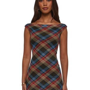 Womens Mesh Plaid Bodycon Dress Current Mood - Multi