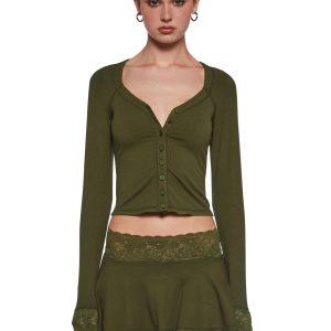 Ribbed Long Sleeve Top And Mini Skirt With Lace Trim Current Mood - Green