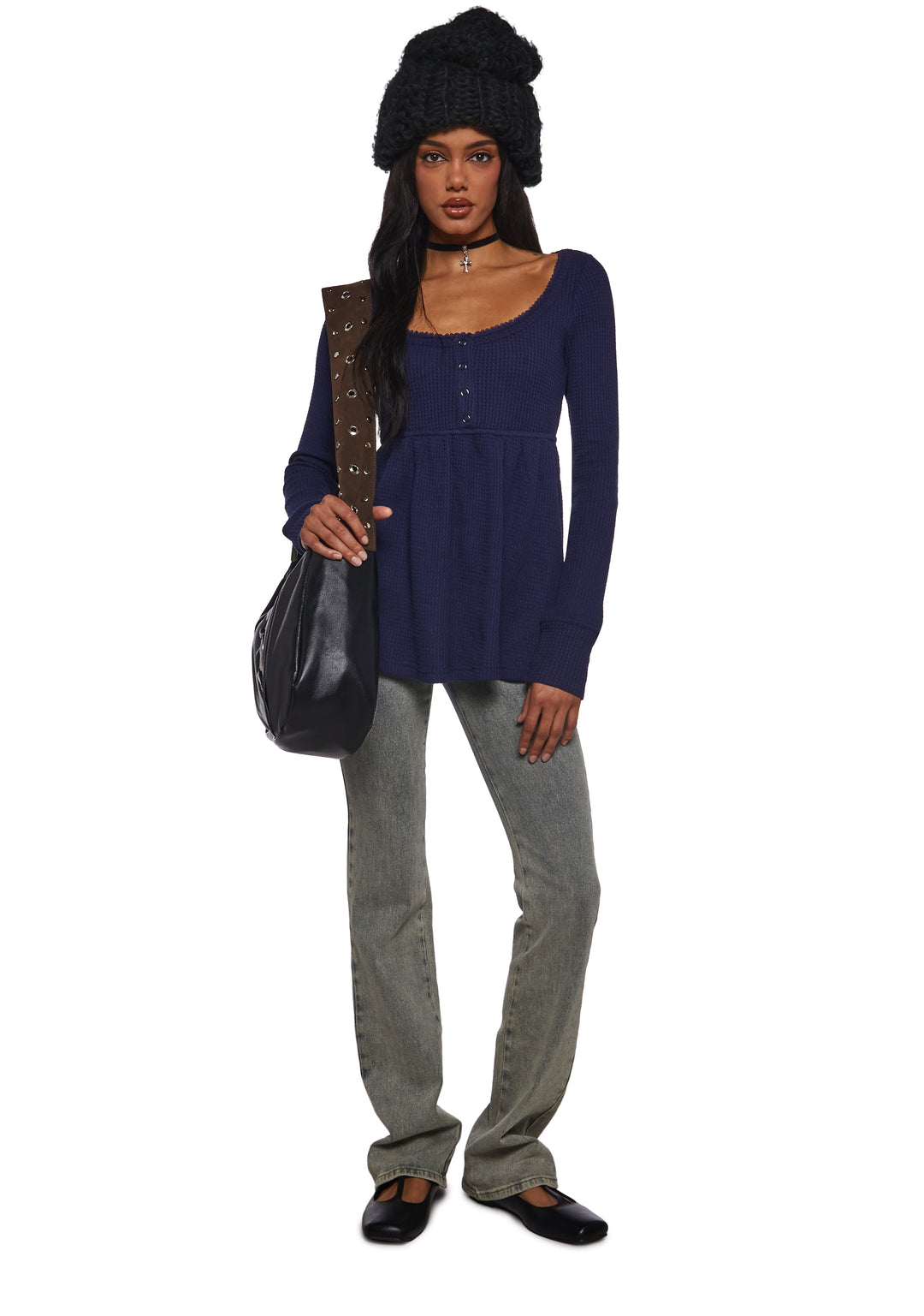 Womens Waffle Knit Long Sleeve Top With Buttons Current Mood - Blue - Image 2