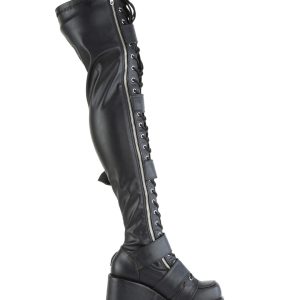 Demonia Camel-305 Thigh High Boots - Black Vegan Leather