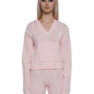 Playboy by Dolls Kill Cable Knit Sweater Hoodie - Pink