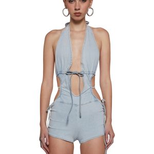 Womens Cut Out Denim Romper With Ties - Blue