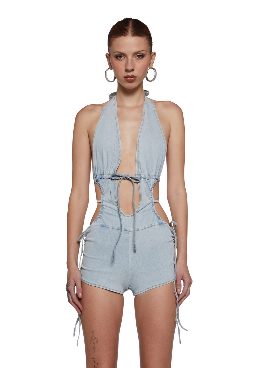 Womens Cut Out Denim Romper With Ties - Blue