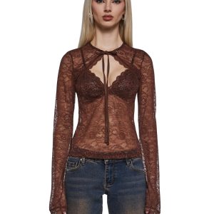 Womens Shrug And Long Sleeve Lace Top - Brown