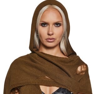 Darker Wavs Distressed Knit Hooded Wrap Scarf Top - Green