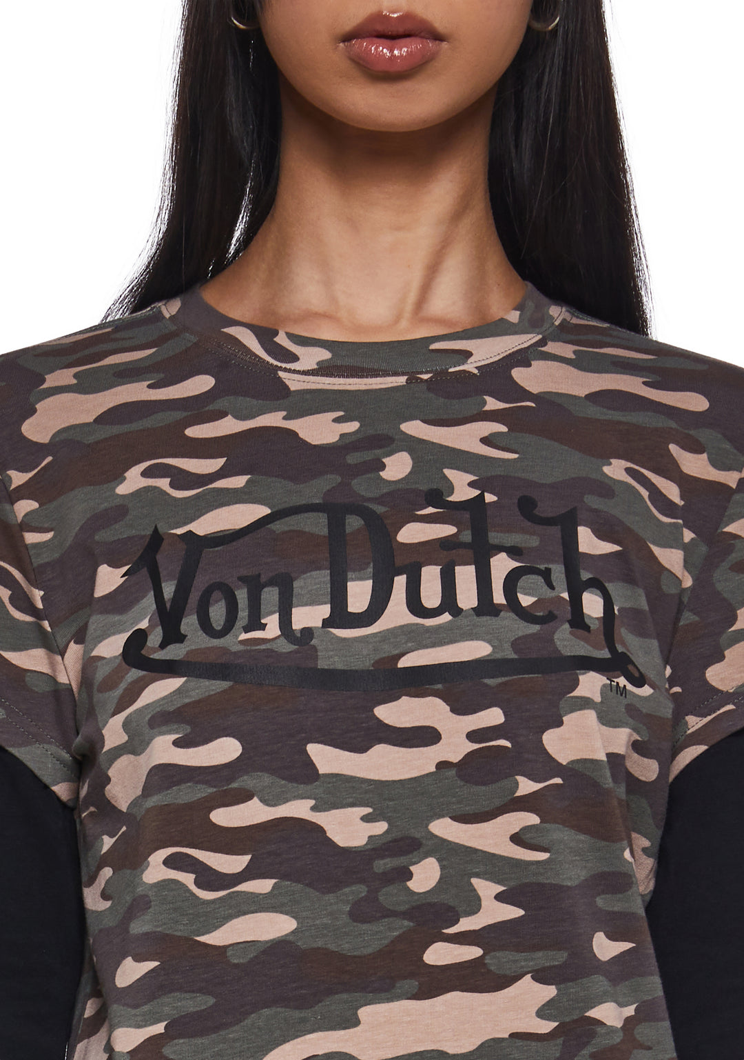 Dolls Kill x Von Dutch Camo Print Twofer Long Sleeve Tee - Green - Image 5