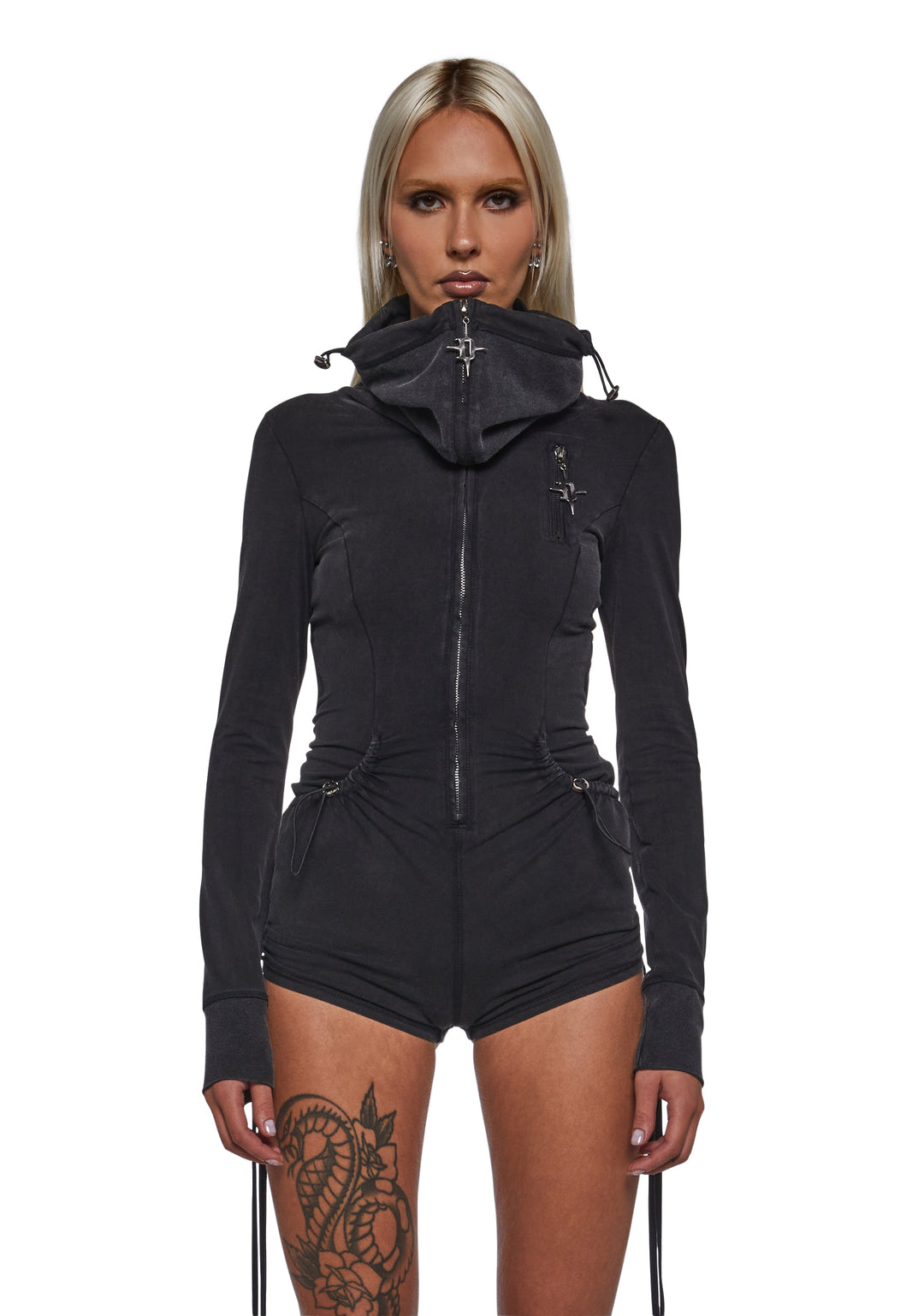 Darker Wavs Cotton Jersey Knit Romper With Ruching And Zippers - Black - Image 8