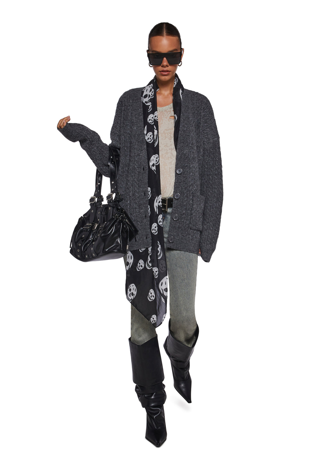 Womens Distressed Cable Knit Cardigan Current Mood - Gray - Image 2