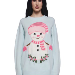 Stretchy Acrylic Knit Snowman Holly Button Intarsia Sweater Sugar Thrillz - Light Blue