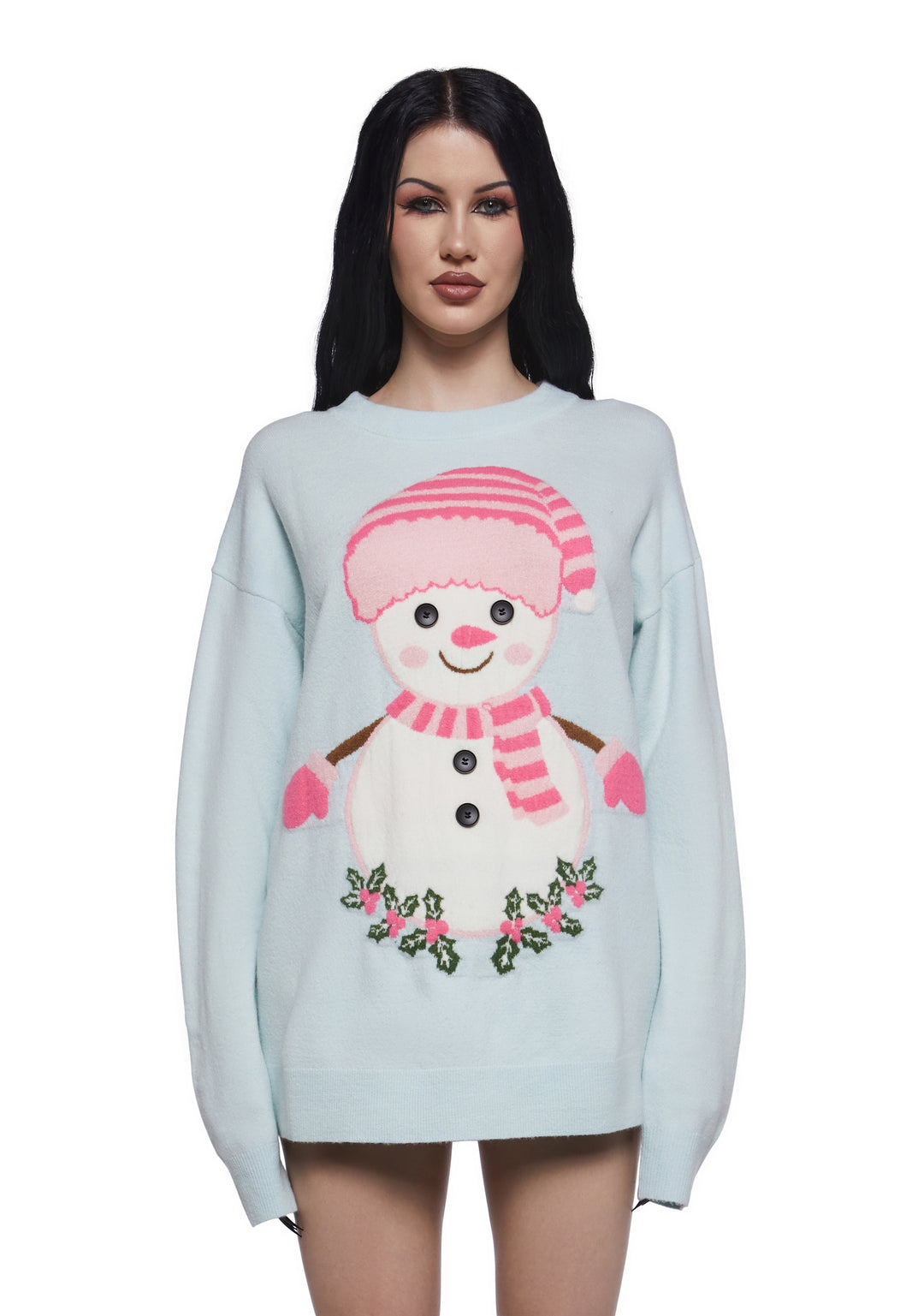 Stretchy Acrylic Knit Snowman Holly Button Intarsia Sweater Sugar Thrillz - Light Blue