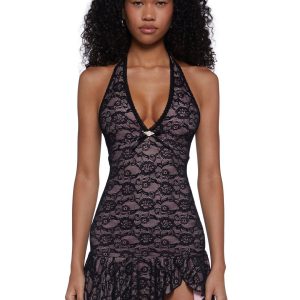 Womens Lace Halter Ruffled Dress Sugar Thrillz - Multi