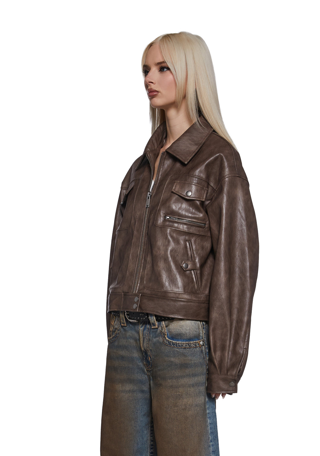 Womens Distressed Moto Jacket - Brown - Image 5