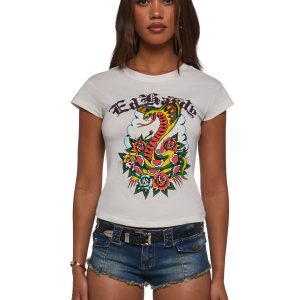 Ed Hardy Rose Cobra Cap Sleeve Tee - White