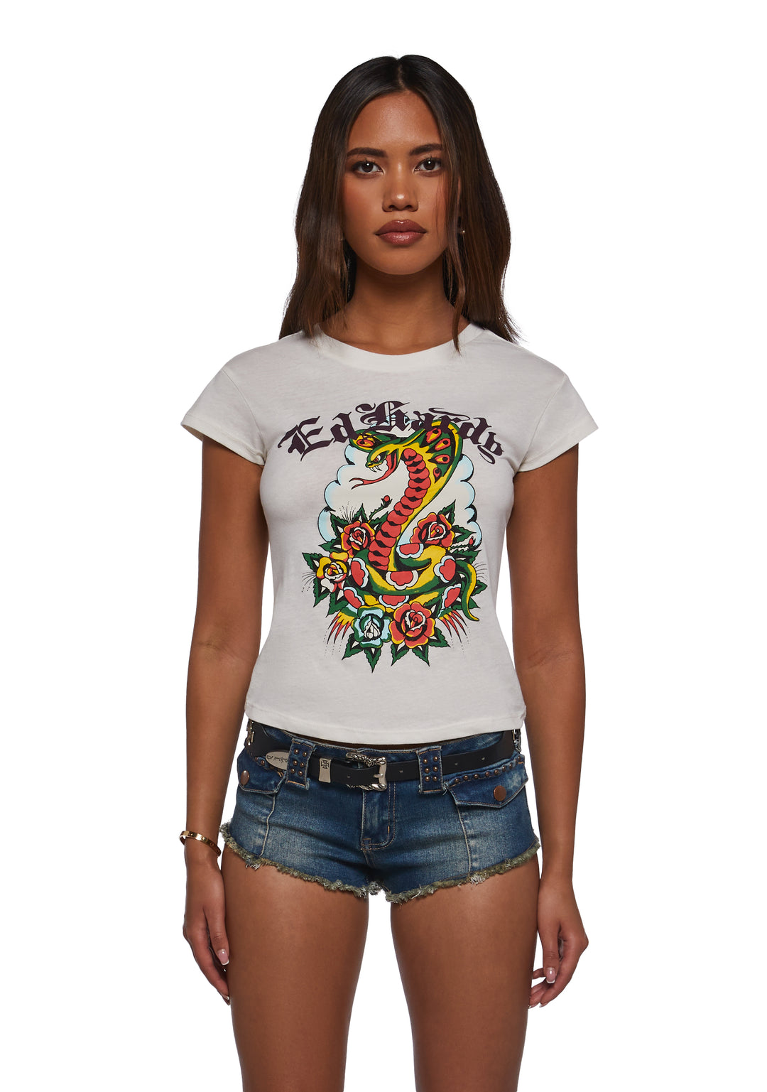 Ed Hardy Rose Cobra Cap Sleeve Tee - White